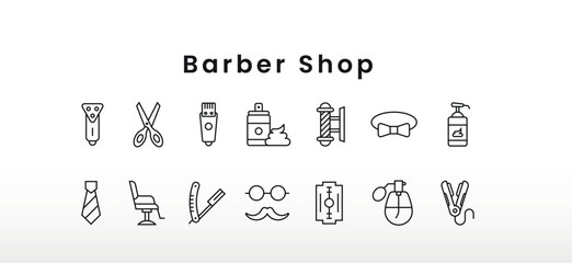 Barber shop line icons set, outline vector symbol collection, linear style pictogram pack. Signs, logo illustration. Set includes icons as brush,