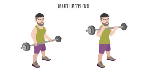 Fototapeta na wymiar Undersized man doing barbell biceps curl exercise