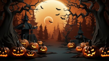 Fototapeta premium Halloween pumpkins in the graveyard on the spooky Night. Halloween background concept. Generative Ai.