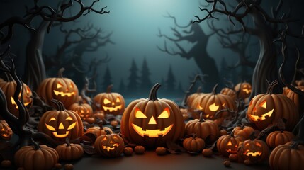 Halloween pumpkins in the graveyard on the spooky Night. Halloween background concept. Generative Ai.