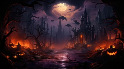 Fototapeta na wymiar Halloween pumpkins in the graveyard on the spooky Night. Halloween background concept. Generative Ai.