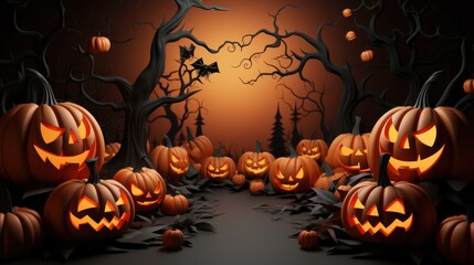 Halloween pumpkins in the graveyard on the spooky Night. Halloween background concept. Generative Ai.