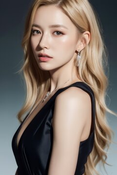Portrait of beautiful asian women with blonde hair wearing black gown by generative AI