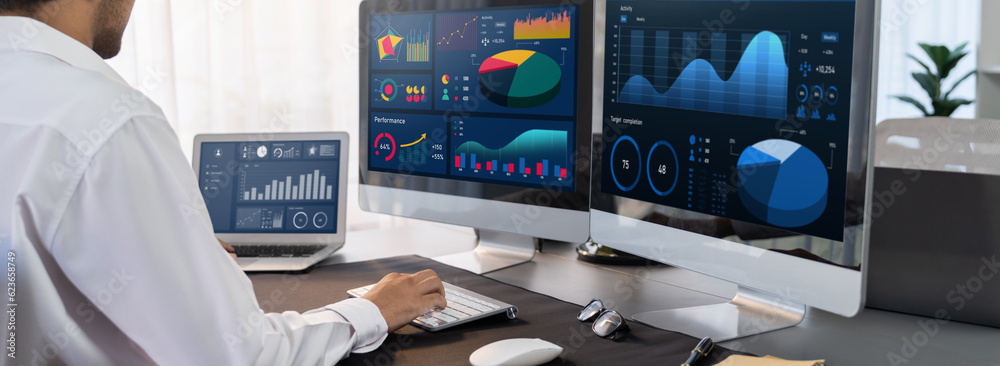 Poster analyst working on data analysis or bi dashboard on computer monitor. businessman analyzing financia