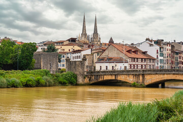 Skyline of the medieval city of Bayonne by the river in the south of France.
