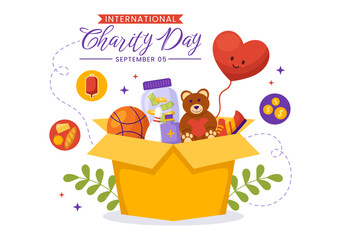 International Day of Charity Vector Illustration on 5 September with Donation Package Love Concept Background in Flat Cartoon Hand Drawn Templates