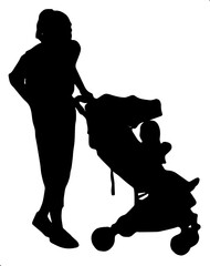 silhouette of a mother and baby with a baby carriage illustration vector