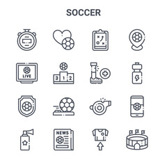 set of 16 soccer concept vector line icons. 64x64 thin stroke icons such as soccer, soccer, energy drink, whistle, newspaper, stadium, t shirt, leg,