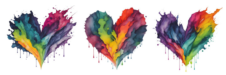 Watercolor Heart Shape Splash With Rainbow Colors Concept of Love Relationship Collection On A Transparent Or White Background.