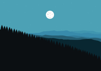 Obraz na płótnie Canvas Beautiful landscape silhouette at night with moon. Vector illustration in flat style