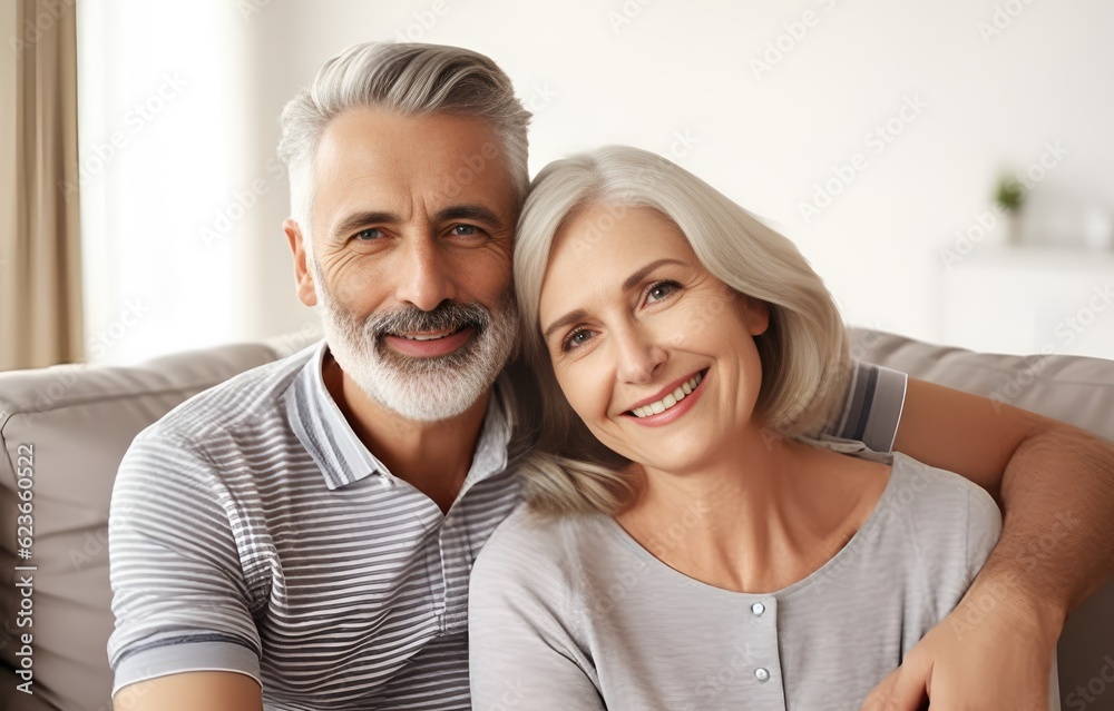 Wall mural smiling happy mature senior couple sitting together at their home living room