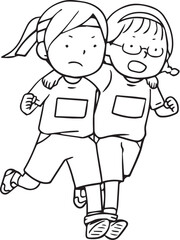 二人三脚する女の子線画