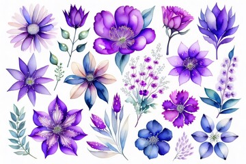 Obraz premium Set flowers and leave painting watercolor floral illustration made with Generative AI