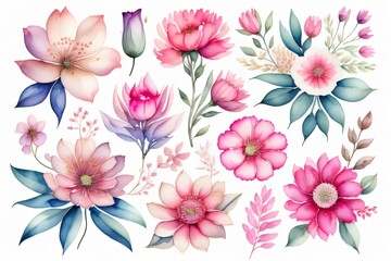 Set flowers and leave painting watercolor floral illustration made with Generative AI