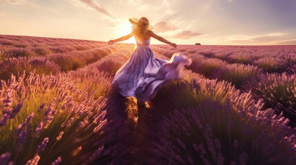 A beautiful young woman in a dress splashing around happily in a field of lavender, France. Generate Ai - obrazy, fototapety, plakaty