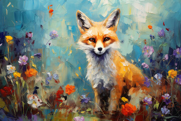 fox in flower blossom atmosphere gloden colorful oil paint