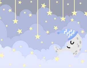 A cute nighttime theme background for children, suitable for fabric motifs, blankets, pillows, and others