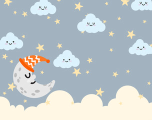 A cute nighttime theme background for children, suitable for fabric motifs, blankets, pillows, and others