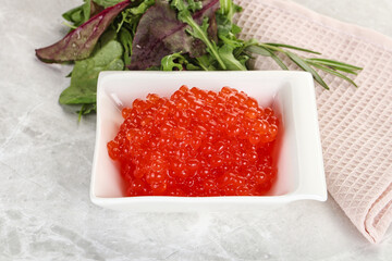 Red caviar in the bowl