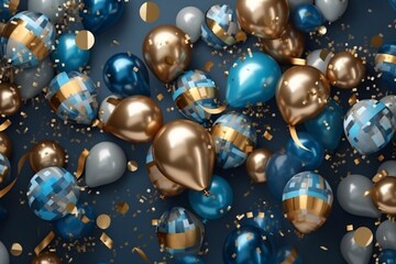 Bunch of blue and gold balloons with ribbons on bokeh background. Confetti. Generative AI technology