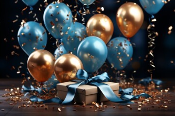 Bunch of blue and gold balloons with ribbons on bokeh background. Confetti. Generative AI technology