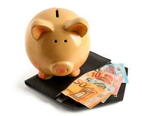 Orange piggy bank with wallet and euro banknotes isolated on white background