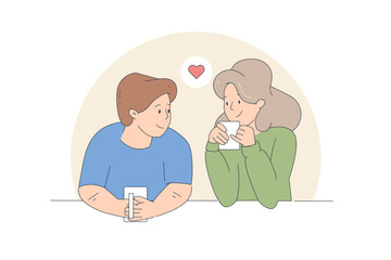Couple in love drinking coffee. Hand drawn style vector design illustrations
