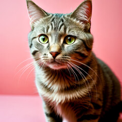 Fototapeta premium Beautiful cat on a soft pink background. Portrait of a cat for advertising, banner. AI generation.
