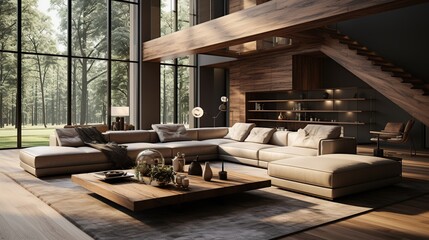 Fototapeta na wymiar Luxury Elegant interior design of modern living room. Wooden paneling wall with sofa and live edge coffee table. Created with generative AI