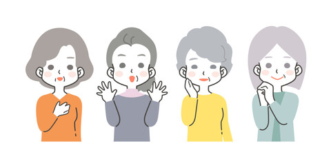 喜ぶ、安心する、笑顔のシニア女性の表情イラストセット