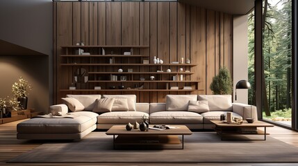 Luxury Elegant interior design of modern living room. Wooden paneling wall with sofa and live edge coffee table. Created with generative AI