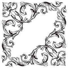 Border and Frame with baroque style. Ornament elements for your design. Black and white color. Floral engraving decoration for postcards or invitations for social media.