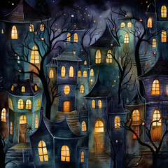 Seamless pattern with old town at night, crooked houses with bright windows and lanterns painted in watercolor Halloween night.GenerativeAI.