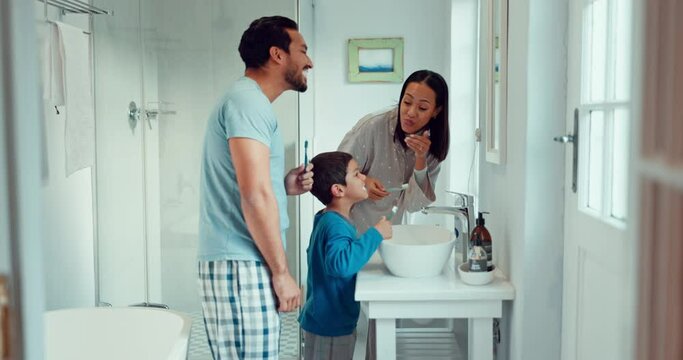Parents, child and brushing teeth in family home bathroom while learning or teaching dental hygiene. A woman, man and kid with toothbrush and toothpaste for health, cleaning mouth and wellness