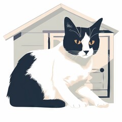  a black and white cat sitting in front of a dog house with a doghouse in the back ground and a doghouse in the background.  generative ai