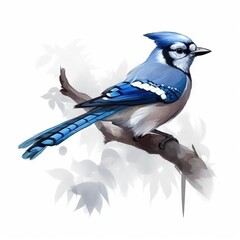  a blue bird sitting on top of a tree branch with leaves on it's back end and a white background behind it, with a blue and white background.  generative ai