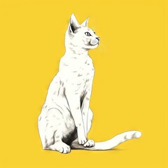  a white cat sitting on top of a yellow floor next to a yellow wall and a black and white picture of a cat on a yellow background.  generative ai