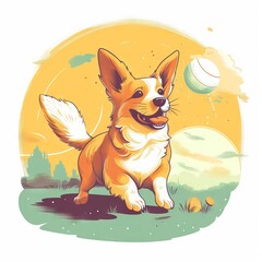  a dog is standing in the grass with a ball in its mouth and a yellow sky in the background with clouds and a yellow sun.  generative ai