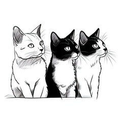  three cats sitting next to each other on a white background with a black and white drawing of three cats sitting next to each other on a white background.  generative ai
