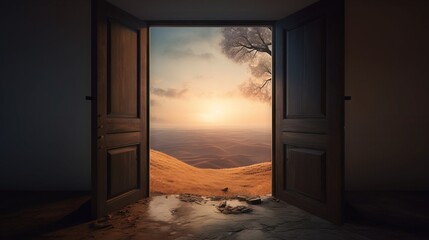  an open door leading to a desert landscape with a tree in the middle of the door and a sunset in the distance with a lone tree in the middle of the door.  generative ai