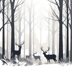  a group of deer standing in a forest next to tall tree's in the foggy day, silhouetted against a white background.  generative ai