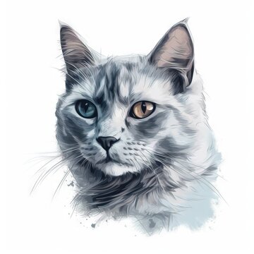 a white cat with blue eyes is looking at the camera with a serious look on its face, while the image is drawn in pencil and colored pencil.  generative ai