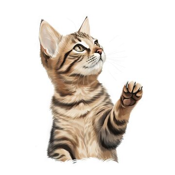  A Drawing Of A Cat Reaching Up To Catch A Ball With Its Paw And Paw Raised Up To The Sky, With A White Background.  Generative Ai