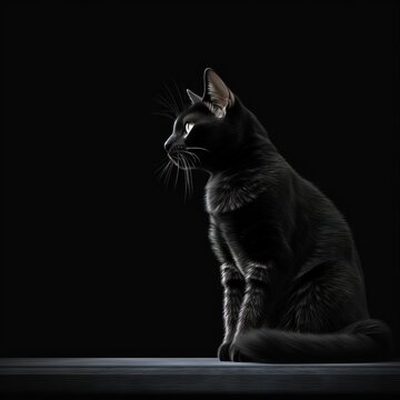  a black cat sitting on the floor looking up at something in the dark sky behind it is a black background with a white spot on the top of the cat.  generative ai
