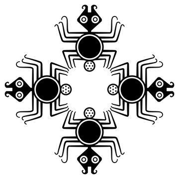 Geometrical ornament with stylized spiders. Native American animal motif of Moche Indians of ancient Peru. Black and white silhouette.