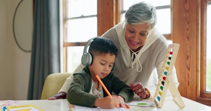 Kid, math homework or grandmother teaching or helping for knowledge, education or child development. Grandparent, headphones or smart boy writing or counting numbers to study for test on abacus