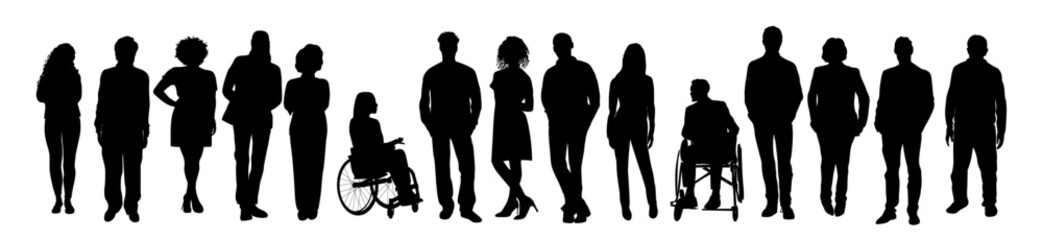 Silhouettes of diverse business people standing, men and women full length, disabled person sitting in wheelchair. Inclusive business concept. Vector illustration isolated on transparent background.  - obrazy, fototapety, plakaty