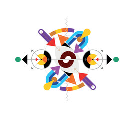 Abstract design includes an eye divided into two halves, geometric shapes, rounds and arrows. Colored vector image isolated on a white background.
