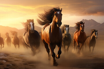 A majestic herd of wild horses galloping through an expansive prairie, their manes flowing in the wind.
