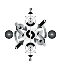 Abstract design includes an eye divided into two halves, geometric shapes, rounds and arrows. Greyscale vector image isolated on a white background.